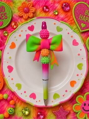 Handmade Neon Pink & Green Bow Pen — Playful Beaded Accent